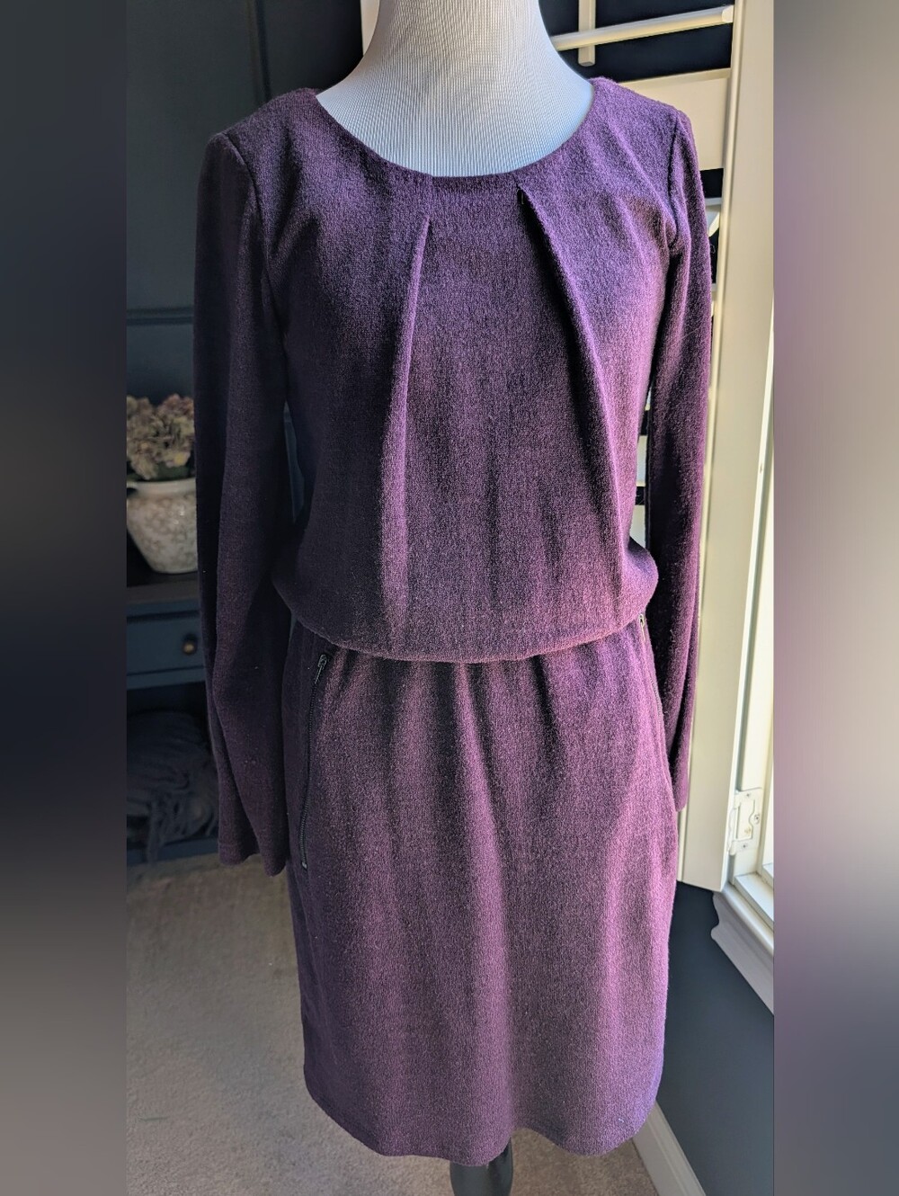 Purple Long-Sleeve Pleated Sweater Dress